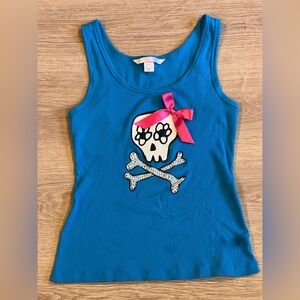 Victoria Secret Bedazzled Ribbon Blue Tank Top Girly Skull Bones Size M Y2k Rock